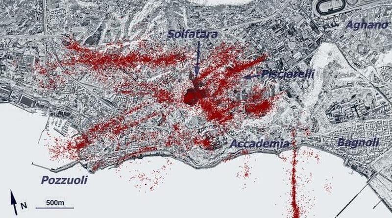 This image shows earthquakes that occurred in the Pozzuoli-Campi Flegrei region about 7 miles west of central Naples from 2022 to 2025 overlaid on Google Earth satellite imagery. CREDIT: Xing Tan