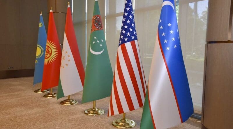 Flags of the Republic of Kazakhstan, the Kyrgyz Republic, the Republic of Tajikistan, Turkmenistan, the Republic of Uzbekistan, and the United States of America (C5+1). Photo Credit: US State Department