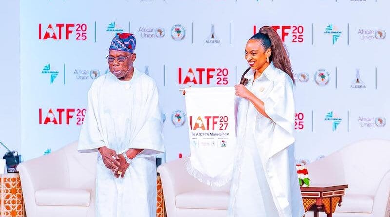 Nigeria’s Minister of Industry, Trade and Investment, Dr Jumoke Aduwole after receiving the flag to host the fifth edition of the Intra-African Trade Fair in 2027 from the Chairman of the IATF Advisory Council, former President of the Federal Republic of Nigeria, H.E. Chief Olusegun Obasanjo. Source: Afreximbank