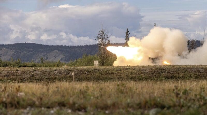 Marines assigned to 2nd Battalion, 14th Marine Regiment, 4th Marine Division, fire a High Mobility Artillery Rocket System during Arctic Edge 25 at Donnely Training Area, Alaska, Aug. 22, 2025. Photo Credit: Marine Corps Lance Cpl. Edward Spears