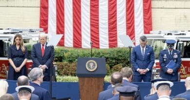 President Donald J. Trump, First Lady Melania Trump, Secretary of War Pete Hegseth and Chairman of the Joints Chiefs of Staff Air Force Gen. Dan Caine bow their heads in prayer during the 9/11 Pentagon Observance Ceremony at the Pentagon, Sept. 11, 2025. Photo Credit: Air Force Staff Sgt. Madelyn Keech, DOW