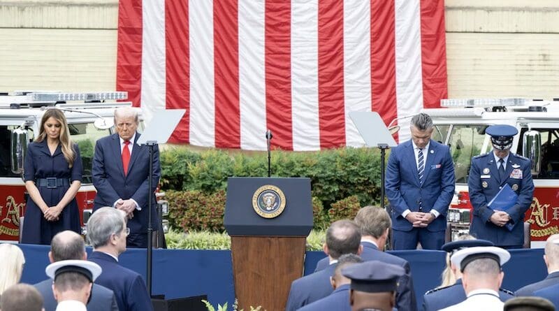 President Donald J. Trump, First Lady Melania Trump, Secretary of War Pete Hegseth and Chairman of the Joints Chiefs of Staff Air Force Gen. Dan Caine bow their heads in prayer during the 9/11 Pentagon Observance Ceremony at the Pentagon, Sept. 11, 2025. Photo Credit: Air Force Staff Sgt. Madelyn Keech, DOW