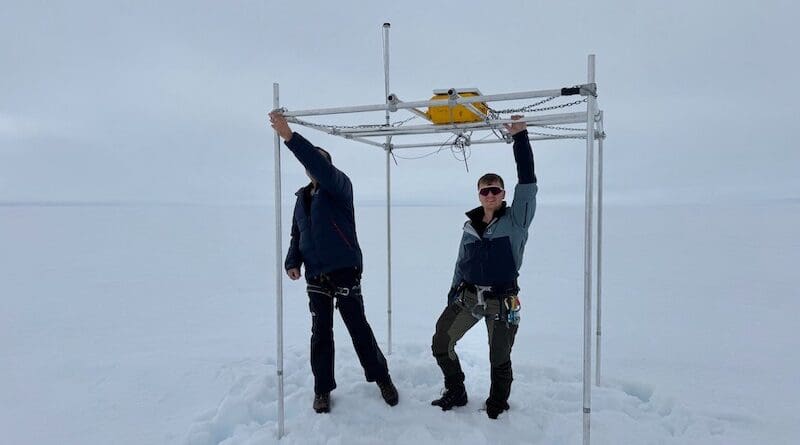 Greenland is shifting some centimeters northwest each year, shows new research led by Danjal Longfors Berg (right). The island’s size also changes due to bedrock stretching and compression. Photo: DTU Space