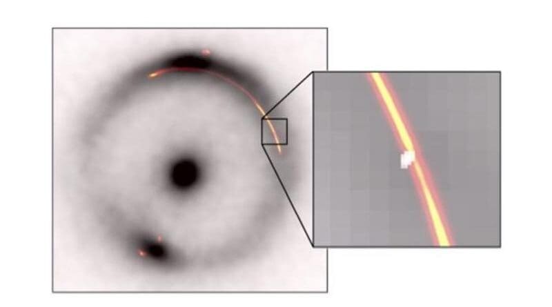 The black ring and central dot show infrared image of a distant galaxy distorted by a gravitation lens. Orange/reg shows radio waves from the same object. The inset shows a pinch caused by another, much smaller, dark gravitational lens (white blob). CREDIT: Devon Powell, Max Planck Institute for Astrophysics