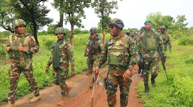 Ghana Armed Forces Brig. Gen. Worlanyo Agbebo, center, leads a patrol along the country’s northern border with Burkina Faso. Photo Credit: GHANA ARMED FORCES