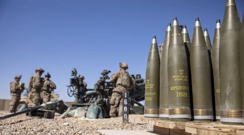 U.S. Soldiers assigned to 1st Platoon, Charlie Battery, 2nd Battalion, 8th Field Artillery Regiment, 1st Stryker Brigade Combat Team, 25th Infantry Division, conduct a live-fire exercise with the M777 towed 155mm howitzer at Al Asad Air Base, Iraq, March 2, 2020. (Photo Credit: U.S. Army photo by Spc. Derek Mustard)