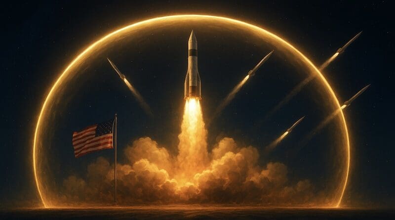 Stylised rendering of America’s ‘Golden Dome Missile Defense System’. (Visual concept by authors).