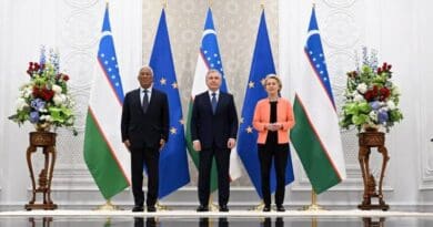 President of European Council António Costa with Uzbekistan’s President Shavkat Mirziyoyev and European Commission President Ursula von der Leyen at the Samarkand summit. Photo Credit: president.uz