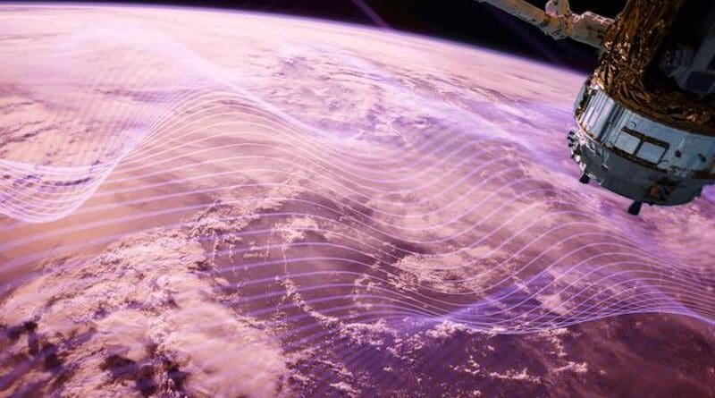 Photo of the Earth with radio waves, depicted in purple, flowing across it. HF and VHF waves travel through the ionosphere. But a phenomenon called sporadic-E can interfere with these frequencies. Researchers found that as CO2 levels in our atmosphere rise, sporadic-E may become stronger, occur at lower altitudes, and persist longer at night. CREDIT: Huixin Liu/Kyushu University