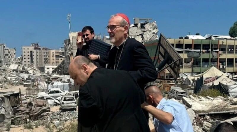 Cardinal Pierbattista Pizzaballa tours the war-torn area surrounding Holy Family Church with the parish’s pastor in Gaza, Father Gabriel Romanelli. | Credit: Photo courtesy of Latin Patriarchate of Jerusalem