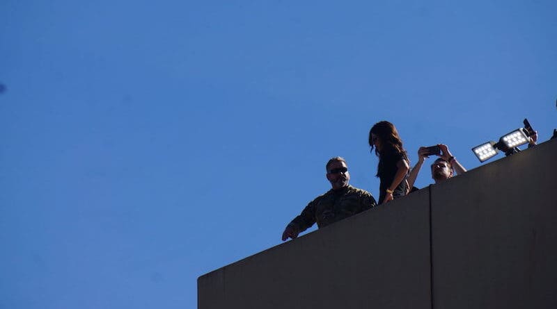 U.S. Homeland Security Secretary Kristi Noem on the roof of the Portland ICE facility. (Photo by Alex Baumhardt/Oregon Capital Chronicle)