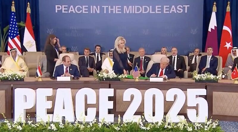 President Donald J. Trump, alongside the leaders of Qatar, Egypt, and Turkey, signs the Gaza Peace Plan for peace in the Middle East. Photo Credit: White House video screenshot
