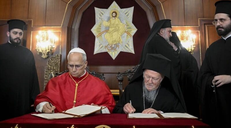 Pope Leo XIV and Ecumenical Patriarch Bartholomew I of Constantinople sign a joint declaration at the Palace of the Ecumenical Orthodox Patriarchate in Istanbul, Turkey, on November 29, 2025. | Vatican Media
