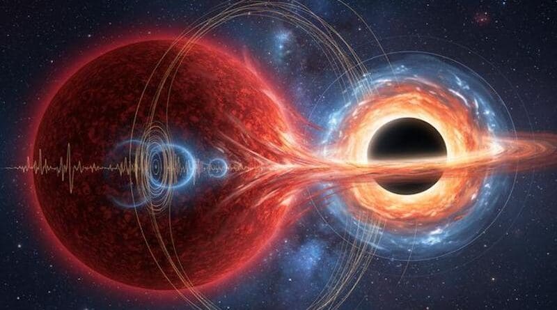 AI-generated image of red giant star orbiting a quiet black hole in the Gaia BH2 system. CREDIT: ESO/L. Calçada/Space Engine