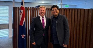 New Zealand's Minister of Agriculture, Forestry, Trade and Investment Todd McClay with India's Minister of Commerce and Industry of India Piyush Goyal. Photo Credit: @toddmcclaymp, X
