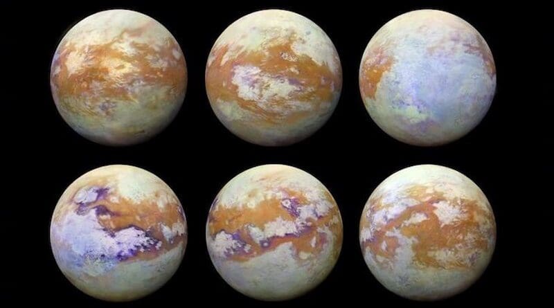 The six infrared images of Titan above were created by compiling data collected over the course of the Cassini mission. They depict how the surface of Titan looks beneath the foggy atmosphere, highlighting the variable surface of the moon. CREDIT: NASA
