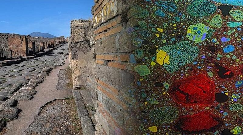 An ancient Pompeii wall at a newly excavated site, where Associate Professor Admir Masic applied compositional analysis (overlayed to right) to understand how ancient Romans made concrete that has endured for thousands of years. CREDIT: Archaeological Park of Pompeii