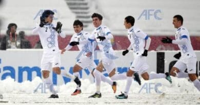 Uzbekistan National U23 Football Team celebrating. Photo Credit: uzbekembassy.in