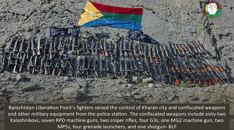 Weapons confiscated from a police station and Pakistani forces by BLF fighters during the Kharan operation. Image credit: Aashob, the official media cell of BLF.
