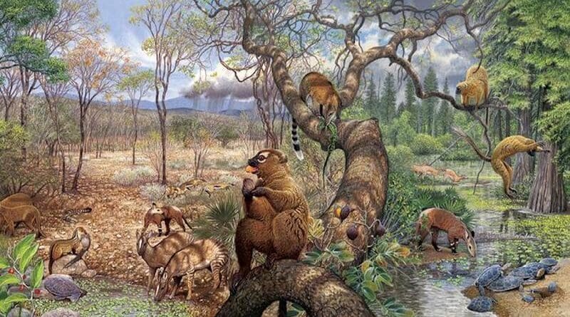 A detail from The Trek Through Time, a 16-plaque diorama at the U.S. Geological Survey’s headquarters in Reston, Va. This painting by Aldo Chiappe depicts the Paleocene Epoch, 66 to 56 million years ago during the early Paleogene Period. CREDIT: U.S. Geological Survey