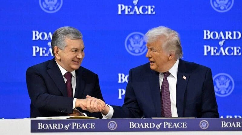 Uzbekistan's President Shavkat Mirziyoyev with US President Donald Trump at the launch of the first charter of the Gaza “Board of Peace” in a signing ceremony during the annual 2026 World Economic Forum in Davos. Photo Credit: @president_uz, X
