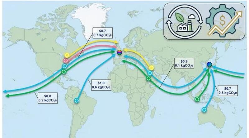 Researchers developed a harmonized global ammonia supply chain database across 63 countries. The database quantifies the levelized cost of ammonia and life-cycle greenhouse gas emissions for diverse production (gray, blue, yellow, pink, and green) and logistics. CREDIT: Woojae Shin and Guiyan Zang