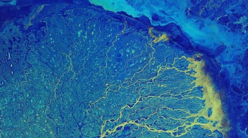 The figure shows the delta of the river Lena, one of the largest rivers in the world. The river is visible in bright yellow, as it splits and divides into many different channels before meandering towards the sea. Sediments carried by the waters flow through a flat plain, creating the Lena River Delta. Hundreds of small lakes and ponds are visible dotted around the tundra. According to analysis of atmospheric particle number size distributions from the nearby station (Tiksi, Russia), riverine dissolved organic matter input and subsequent new particle formation is a major source of Arctic aerosol which has been largely overlooked. CREDIT Credit: contains modified Copernicus Sentinel data (2019), processed by ESA (European Space Agency)