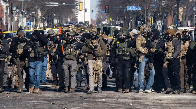 ICE and Border Patrol agents on Nicollet Avenue on January 24, 2026. This follows the shooting death of Minneapolis resident Alex Pretti. Photo Credit: Chad Davis, Wikipedia Commons