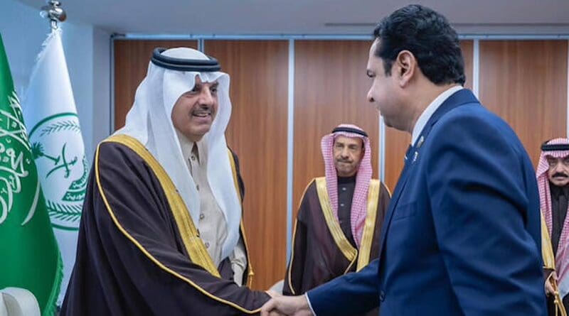Pakistan's State Minister for Interior, Talal Chaudhry (right) shaking hands with Saudi Arabia's Deputy Interior Minister, Abdulaziz bin Mohammed bin Ayyaf (left) in Riyadh, Saudi Arabia, on February 10, 2026. (Government of Pakistan)