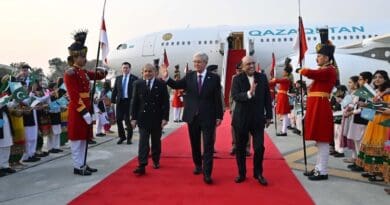 Kazakhstan's President Kassym-Jomart Tokayev welcomed by the President of Pakistan, Asif Ali Zardari, and Prime Minister Shehbaz Sharif at Islamabad Airport. Photo Credit: Kazakhstan Presidential Press Service