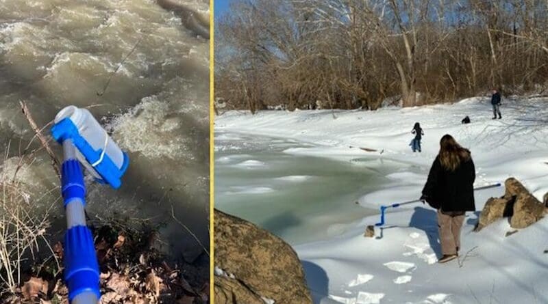 UMD College Park Water Emergency Team collects water samples from the Potomac River after major sewage spill. CREDIT: UMD
