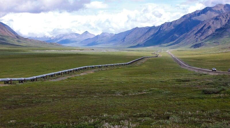 File photo of the Trans-Alaska Pipeline, northern Brooks Range, Alaska. Rocks in the background produce oil on the North Slope. (Photo provided by the U.S. Geological Survey)
