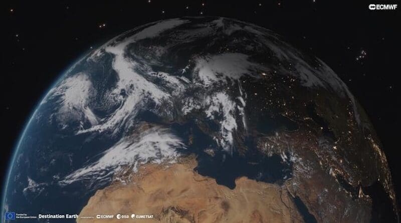 A view of the Digital Twin: an ultra high resolution 5 km simulation from the European Union’s Destination Earth initiative, visualising global cloud systems through liquid and ice water distribution with unprecedented clarity. Created by Andreas Mueller, ECMWF in the framework of the European Union Destination Earth Initiative with acknowledgement to EuroHPC Joint Undertaking. Credit: ECWMF Destination Earth.
