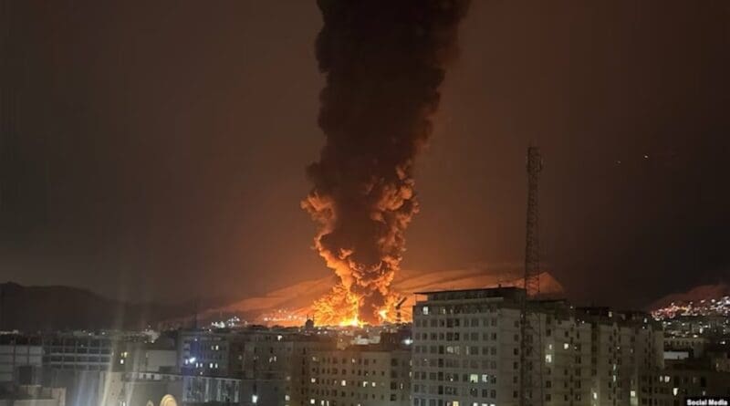 Blasts shake an oil depot near Tehran on March 7 following an Israeli air strike. Photo Credit: RFE/RL, Social Media