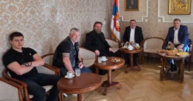 Davor Savicic (second from left, with tattoo on his arm) at a meeting with Republika Srpska’s former leader Milorad Dodik in Moscow in May 2025. Photo: Republika Srpska Presidency website.