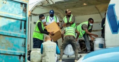 Workers unload supplies from a cargo plane at Bunia airport as part of the Ebola response in DR Congo. Photo Credit: UNICEF /Prince Shamwami