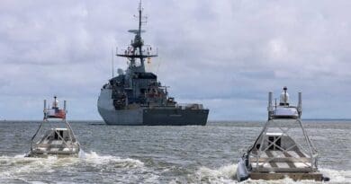 Unmanned Global Autonomous Reconnaissance boats deploy with a Brazilian offshore patrol vessel during Obangame Express 2026 in Cameroon. CHIEF PETTY OFFICER JUSTIN STUMBERG/U.S. NAVY