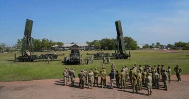 Soldiers from B Battery (Dark Eagle), 5th Battalion, 3d Field Artillery Regiment (LRFB), give a capabilities brief on the Long Range Hypersonic Weapon System in Northern Territory, Australia, July 9, 2025. The battery is participating in Exercise Talisman Sabre 25, the principal Australian-U.S. bilateral military exercise focused on high-end warfighting and enhancing allied interoperability. This is the first operational employment of the Dark Eagle system outside the continental U.S. Talisman Sabre is the largest bilateral military exercise between Australia and the United States, strengthening interoperability and partnership through combined training and operations. (U.S. Army photo by Sgt. Perla Alfaro)
