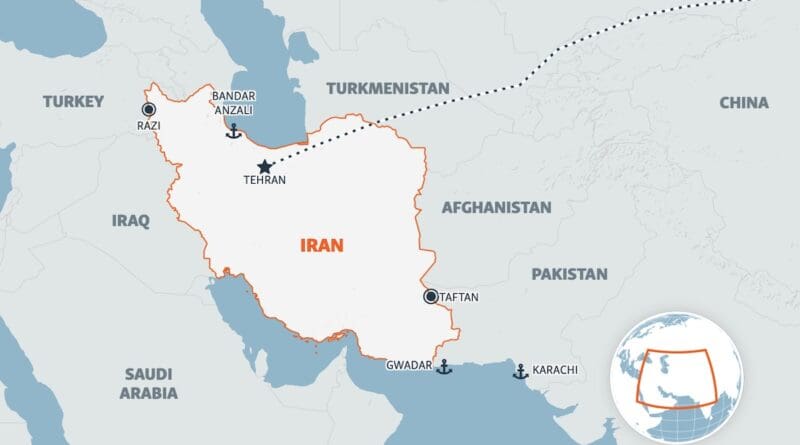 Iran's Alternative Trade Routes: With the Strait of Hormuz blocked, Iranian imports and exports are going through border crossings with Turkey and Pakistan, as well as a freight route to China via Central Asia. It is also using its Caspian port of Bandar Anzali. Credit: RFE/RL GraphicsSource: Media reports