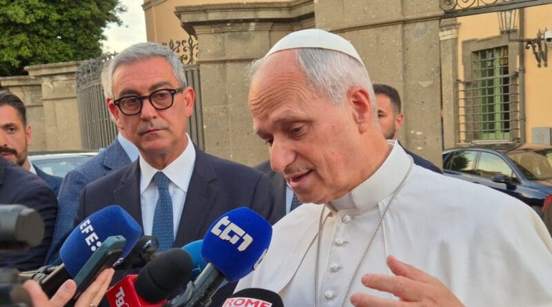 Pope Leo XIV talks to reporters outside the papal villa of Castel Gandolfo on June 16, 2026, before returning to Rome after a daylong stay there. | Credit: Hannah Brockhaus/EWTN News