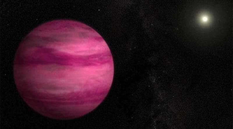 This artistic illustration of the Pink Planet, or GJ504b, orbiting its host star. Astronomers think the object is pink because it's incredibly old (between 2.5 billion and 4 billion years old) and cold. CREDIT: NASA/Goddard Space Flight Center