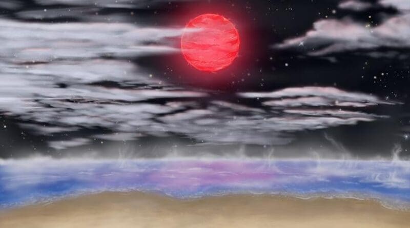 Artist’s conception of the view from the surface of the habitable-zone super-Earth exoplanet GJ 3378b. The planet has a minimum mass just over twice that of Earth and orbits its star at a distance that causes it to receive almost the same amount of starlight as Earth does. The planet joins a growing population of potential hosts for life in the nearby universe. CREDIT: Nikolai Berman/UC Irvine.