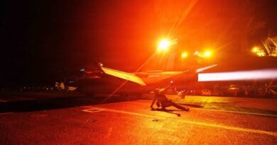 U.S. sailors conduct nighttime flight operations aboard USS George H.W. Bush (CVN 77) while transiting the Arabian Sea. Photo Credit: CENTCOM, X