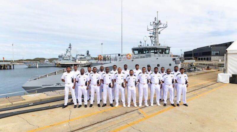 Maldives National Defence Force personnel stand alongside the nation’s new Guardian-class patrol boat during a handover ceremony at Royal Australian Navy base HMAS Stirling in April 2026. AUSTRALIAN DEFENCE DEPARTMENT