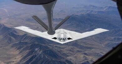 A U.S. Air Force B-21 Raider conducts aerial refueling with a KC-135 Stratotanker. The service is flight-testing the B-21at Edwards Air Force Base, California. U.S. AIR FORCE
