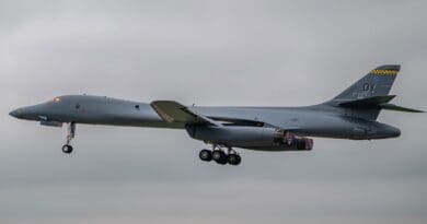 The restored U.S. Air Force B-1B Lancer nicknamed Apocalypse II takes off from Tinker Air Force Base, Oklahoma, to join the operational fleet in April 2026. COURTNEY LANDSBERGER/U.S. AIR FORCE