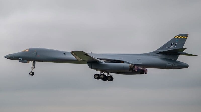 The restored U.S. Air Force B-1B Lancer nicknamed Apocalypse II takes off from Tinker Air Force Base, Oklahoma, to join the operational fleet in April 2026. COURTNEY LANDSBERGER/U.S. AIR FORCE