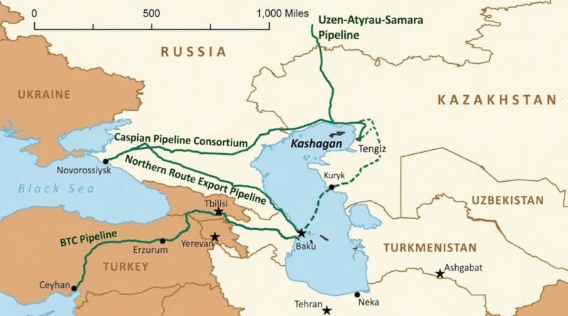 Locations of Kazakhstan's Tengiz, Karachaganak, and Kashagan. Credit: EIA, U.S. Energy Information Administration, U.S. State Department, IHS EDIN, KazMunaiGas, Transneft, CPC, BP, OGJ