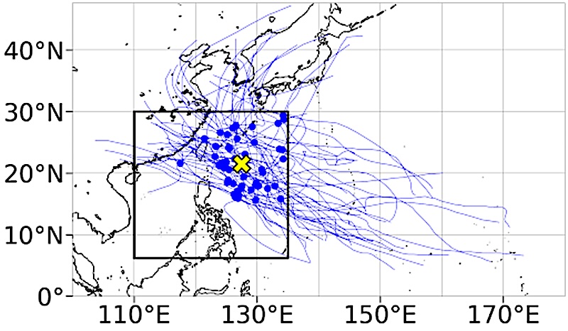 This map tracks the tropical cyclones associated with the 53 extreme Habagat rainfall events analyzed in the study. Most of the storms are positioned northeast of the Philippines rather than directly over the country, helping strengthen the southwest monsoon and draw moisture toward western Luzon. PHOTO: Bathan et al., 2026.